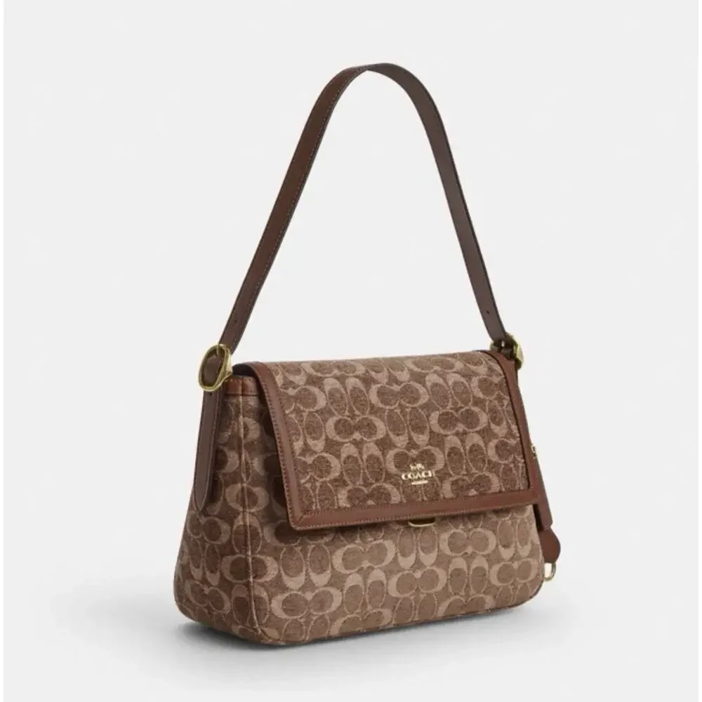 NWT Coach Etta Flap Bag Signature Chenille CCE58 Light Khaki/Vintage Brown